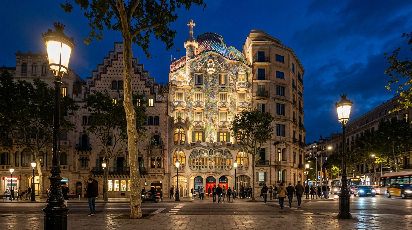 Casa Batllo Gece Işıkları Passeig de Gracia Barselona
